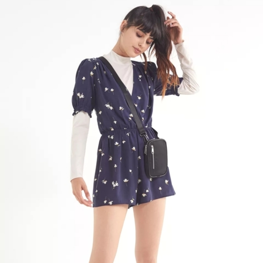 Urban Outfitters Floral Surplice Smocked-Sleeve Romper.